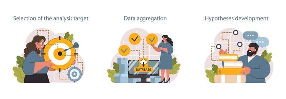 Predictive analytics set. Process of using data to forecast future outcome. vector
