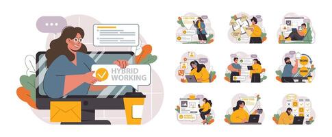 Hybrid work set. Characters with a flexible schedule, working from office vector