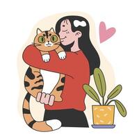 Character with a cat. Happy woman and kitten spend time together vector