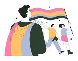 Pride parade. Smiling characters with rainbow flags celebrate pride month vector