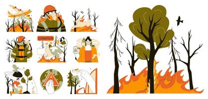 Wildfire set. Burning forest trees, dangerous and harmfull nature disaster. vector