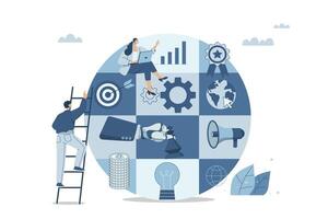 Business project management and development concept, Launching a startup, Setting goals, Businessman organizes and analyzes business, collection in circle isolated on white background. vector