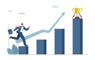 Business growth or progress, Development, Inspiration to work towards goals, Incentive to drive success, Businessman running on a growing graph to victory with a trophy. design illustration. vector