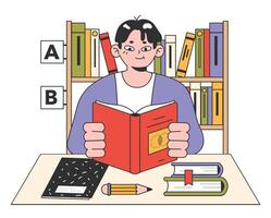 College university library. Self study place. Students reading textbooks vector