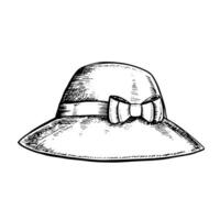 Fashionable women's hat with a bow, an element of clothing style. Black and white , graphic illustration, made by hand. A design element. Isolate on a white background. For packages, labels. vector