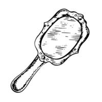 A mirror with a handle. A black and white graphic illustration made by hand. A design element for beauty and fashion, cosmetics, makeup. Highlighted on a white background. For packages, labels. vector