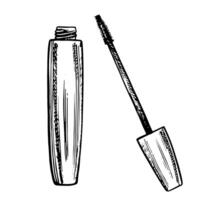 Mascara with a brush. A black and white illustration made by hand. The design element is beauty and fashion. Isolate on a white background. For packages, labels and flyers, posters and banners. vector