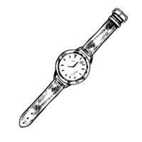Watch. A black and white graphic illustration made by hand. They stand out on a white background. A wristwatch with a strap. An element of the design of banners, flyers, posters and packages. vector