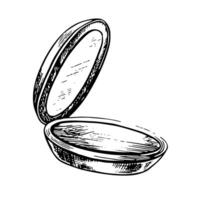 Cosmetic powder with a mirror. A compact. Black and white graphics made by hand. Isolate on a white background. An element of the design of a flyer, banner and poster, packaging and labels. vector