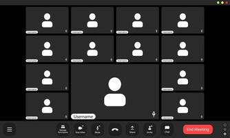 Virtual meeting with participants displayed on a grid layout featuring usernames and a conversation interface vector