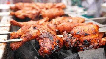 Chicken on skewers being cooked on a grill video