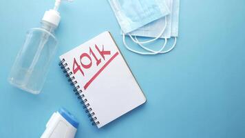 A notebook with the word no to the coronavirus, a mask, a bottle of hand video
