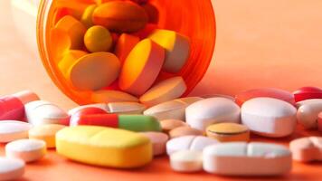 A large open bottle of pills spilling out onto an orange surface video