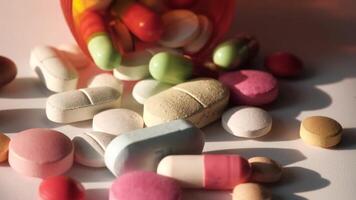 Many different types of pills are scattered on the table video