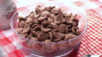 A bowl of cereal with chocolate chips on a red and white checkered table cloth video