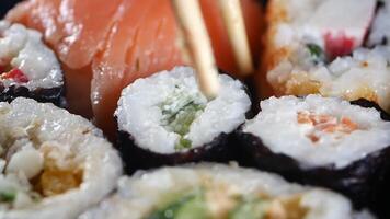 Indulge in a Delicious Assorted Sushi Platter featuring fresh Salmon and delightful Veggie Rolls video
