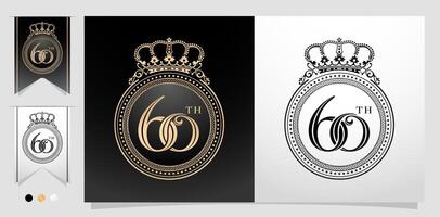 illustration of 60th with circle frame and crown. Ellipse Frame element with color gold isolated background, for letterpress, embroidery, invitation wedding anniversary, greeting card, and sign label vector