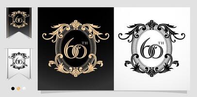 illustration of 60th with floral frame Ellipse element with isolated background, applicable for letterpress, embroidery, invitation wedding anniversary, greeting card, and emblem design. vector