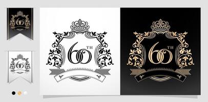 illustration of 60th anniversary symbol with royal crown design emblems, two variation gold and monochrome design isolated black and white backgrounds. applicable for greeting cards, invitation etc. vector