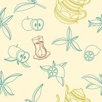 Editable Turkish Tea Vectorized Illustration with Apple and Lemon in Outline Style as Seamless Pattern for Creating Background of Tea Shop or Product Marketing and Ottoman Turkish Culture Design vector