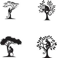 Monkey playing on tree black silhouette vector