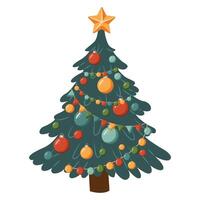 Christmas tree with many decorations and a star on top. The illustration is festive and joyful. vector