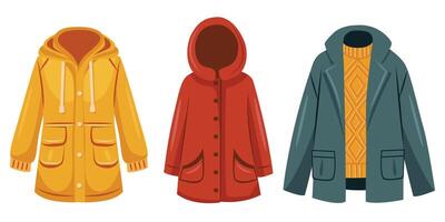 Set of outerwear. Jacket, raincoat and jacket with sweater. vector