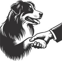 A black and white illustration of a dog shaking hands with a man vector