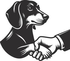 A black and white illustration of a dog shaking hands with a hand vector
