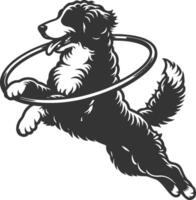 A black and white drawing of a dog jumping with a hula hoop vector