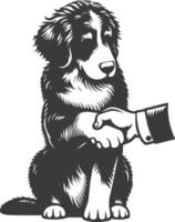 A black and white illustration of a dog shaking hands with a man vector