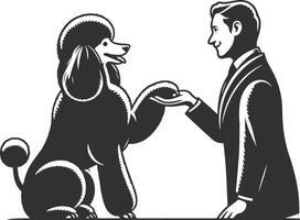 A black and white illustration of a man shaking hands with a poodle vector