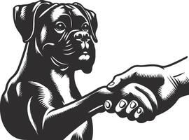 A black and white drawing of a dog shaking hands with a hand vector