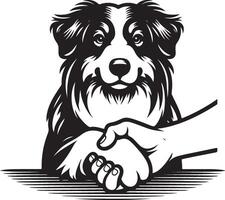 A black and white drawing of a dog and a hand shaking vector