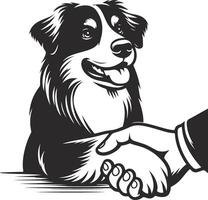 A black and white illustration of a dog shaking hands with a man vector