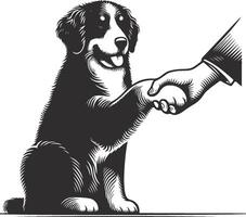 A black and white drawing of a dog shaking hands with a man vector