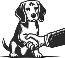 A black and white illustration of a dog shaking hands with a hand vector