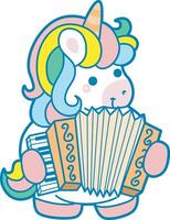 Illustration of cute unicorn activities icon. Funny rainbow unicorn daily routine stickers. Unicorn playing an accordion vector