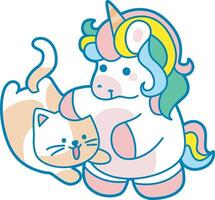 Illustration of cute unicorn activities icon. Funny rainbow unicorn daily routine stickers. Unicorn with kitten vector