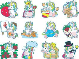 Illustration of cute unicorn activities icon. Funny rainbow unicorn daily routine stickers. Unicorn with variation of daily life vector