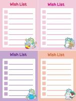 Printable daily plan with cute unicorn with rainbow color. Wish list with tick, column and row vector
