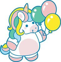 Illustration of cute unicorn activities icon. Funny rainbow unicorn daily routine stickers. Unicorn bring a three balloons vector