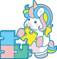 Illustration of cute unicorn activities icon. Funny rainbow unicorn daily routine stickers. Unicorn playing a puzzle vector