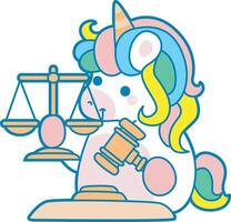 Illustration of cute unicorn activities icon. Funny rainbow unicorn daily routine stickers. Unicorn bring a hammer and scales vector