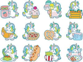 Illustration of cute unicorn activities icon. Funny rainbow unicorn daily routine stickers. Unicorn with variation of culinary vector