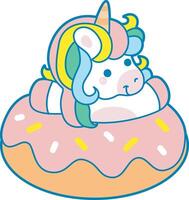 Illustration of cute unicorn activities icon. Funny rainbow unicorn daily routine stickers. Unicorn in the middle of strawberry doughnet vector