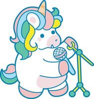 Illustration of cute unicorn activities icon. Funny rainbow unicorn daily routine stickers. Unicorn check the microphone vector