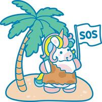 Illustration of cute unicorn activities icon. Funny rainbow unicorn daily routine stickers. Unicorn lost in the empty island vector
