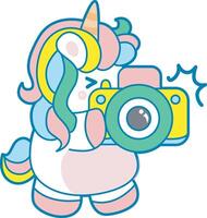 Illustration of cute unicorn activities icon. Funny rainbow unicorn daily routine stickers. Unicorn take a photo with camera vector