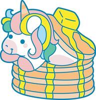 Illustration of cute unicorn activities icon. Funny rainbow unicorn daily routine stickers. Unicorn in the stack of pancake vector
